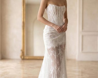 Corset Lace Wedding Dress, Sheer Bridal Gown, Elopement Ivory Custom Made