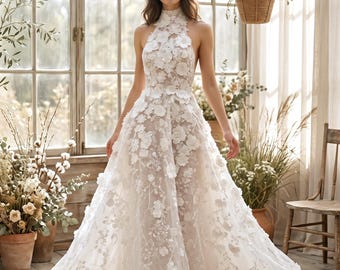 Boho Backless Elopement Dress | 3D Floral Lace Second Wedding Gown Custom