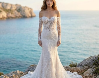 Luxury Beach Wedding Dress, Custom Lace Mermaid Bridal Gown, Off Shoulder Corset