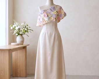 Off-Shoulder Midi Dress, 3D Floral Appliqué Cape, Champagne Satin Skirt, Whimsical Bridal Gown