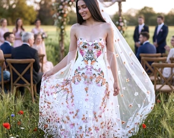 Boho Wedding Dress, Floral Embroidery Gown, Corset Bridal Dress, Wildflower Bride