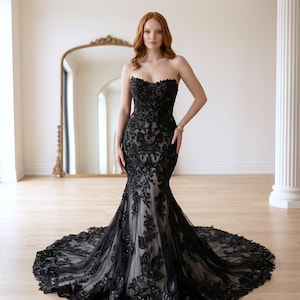 mermaid wedding dress with black sash Samantha Black Mermaid Wedding dress with See Through Bodice , Black Wedding Dress, Gothic Wedding Dress, Lace Wedding dress