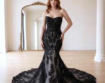 Black Mermaid Wedding Dress, Gothic Strapless Bridal Gown, Dark Lace Bride, Custom Size