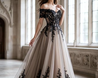 Wildflower Gown, Elopement Dress, Backless Corset Bridal, Black Lace, Courthouse Wedding Bride