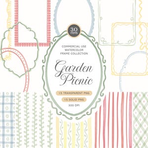 May include: A digital collection of 30 watercolor frames and patterns titled Garden Picnic. The set includes various hand-drawn frames in pastel colors like pink, yellow, and blue, alongside patterned backgrounds featuring stripes, checks, and floral vines.