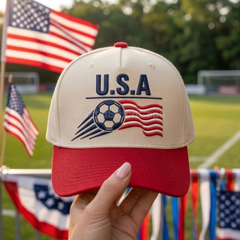 Peut inclure: Une casquette de baseball couleur cr&egrave;me avec une visi&egrave;re rouge. L'avant pr&eacute;sente le texte brod&eacute; en bleu marine U.S.A. sous lequel se trouve un ballon de football avec des lignes de mouvement et un drapeau ondul&eacute; rouge et blanc.