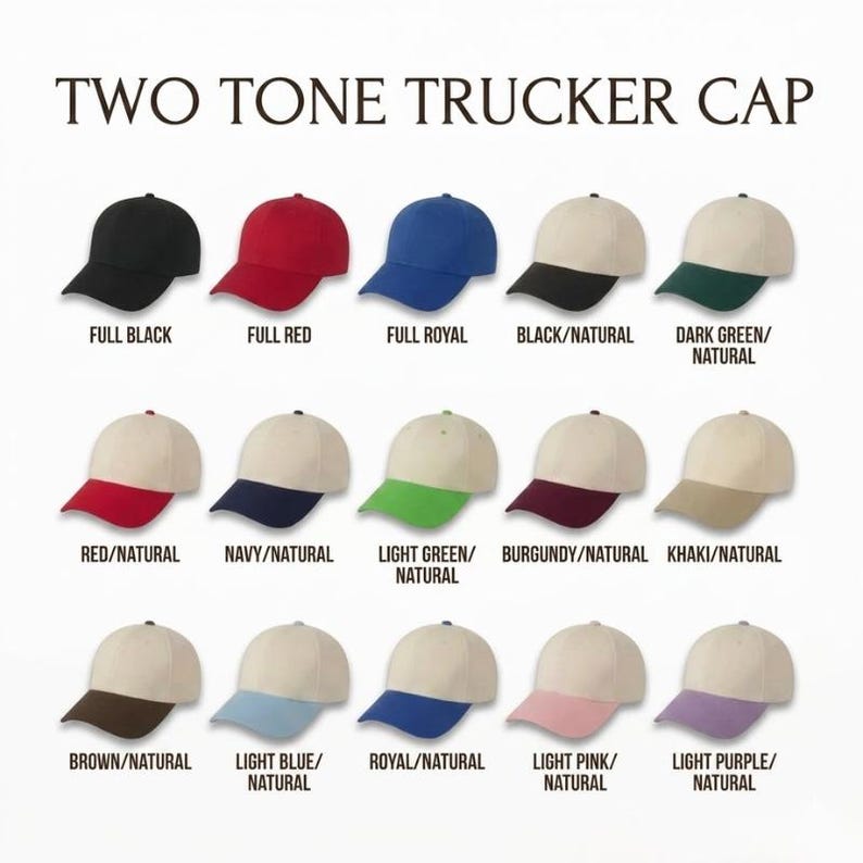 Peut inclure: Une collection de quinze casquettes trucker pr&eacute;sent&eacute;es en grille, intitul&eacute;e TWO TONE TRUCKER CAP. Les casquettes pr&eacute;sentent diverses couleurs unies et des combinaisons bicolores, notamment noir, rouge, bleu roi, naturel, vert fonc&eacute;, marine, vert clair, bordeaux, kaki, marron, bleu clair, rose clair et violet clair.