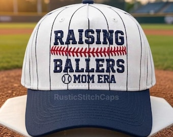 Custom Raising Ballers Mom Era Pinstripe Baseball Hat, Embroidered Vintage Cap, Aesthetic Cap