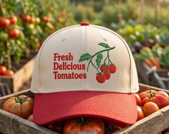 Embroidered Fresh Delicious Tomatoes, Tomato Vine Illustration, Red Green Produce Cap