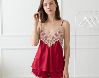 女性用サテンレースパジャマセット、背中開きキャミソールナイトウェア、ソフトシルクナイトウェア（ショートパンツ付き）