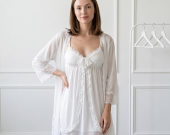 Lace Nightdress and Robe Set, Women’s Babydoll Sleepwear, Soft Mesh Lounge Set