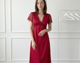 レーストリム付きサテンマキシナイトガウン、Vネックスリープドレス、女性用エレガントなロングナイトドレス