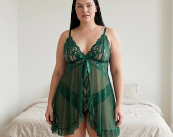 Sheer Lace Babydoll Lingerie Set, Mesh Nightdress with Matching Panty