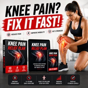 Könnte beinhalten: Werbung für einen Knie-Schmerz-Behandlungsplan. Das Bild zeigt eine Frau, die ihr Knie berührt, mit dem Text „Knieschmerzen? Schnell beheben!“ und „Knie-Schmerz-Behandlungsplan“. Der Plan ist als Buch, Tablet und Telefon-App verfügbar.