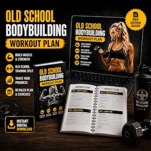 Op de afbeelding: Een "Old School Bodybuilding Workout Plan" wordt weergegeven op een laptop, boek en shaker. Het boek en de laptop tonen een vrouw die gewichten heft. Het trainingsplan bevat oefeningen voor borst, rug, schouders, benen, armen en buikspieren.