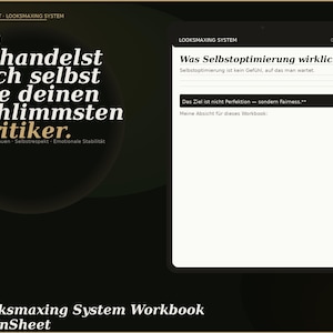 Könnte beinhalten: Ein digitales Arbeitsbuch mit dem Titel "Looksmaxing System Workbook PlainSheet" auf einem Tablet. Der Bildschirm zeigt Text auf Deutsch, darunter "du behandelst dich selbst wie deinen schlimmsten Kritiker."