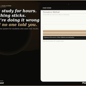 Könnte beinhalten: Ein digitaler Workbook-Bildschirm zeigt das "PlainSheet - Study System" mit dem Text "Du lernst stundenlang. Nichts bleibt hängen. Du machst es falsch und niemand hat es dir gesagt." Der Bildschirm zeigt auch die "Pomodoro-Methode".