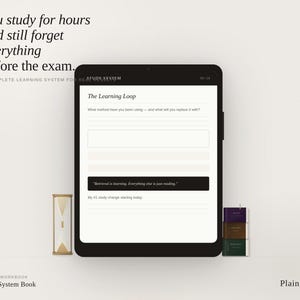 May include: A black tablet displays a digital workbook titled "The Learning Loop" with fillable fields. Text above reads "You study for hours and still forget everything before the exam." An hourglass and small stacked books are also visible.