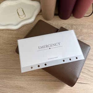Puede incluir: Un sobre de plástico transparente blanco con la palabra "EMERGENCY" impresa en negro, con un pequeño símbolo de corazón debajo. El sobre está encima de una cartera de cuero marrón. El texto "THE BUDGETED CHAPTER" está impreso en la parte inferior.