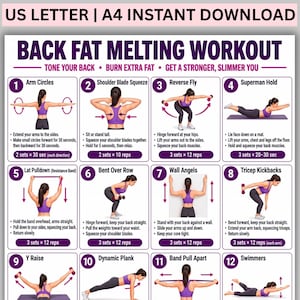 May include: A white informational poster titled BACK FAT MELTING WORKOUT with purple text and borders. It features sixteen numbered exercise illustrations showing a person in a purple sports bra and leggings performing various fitness movements.