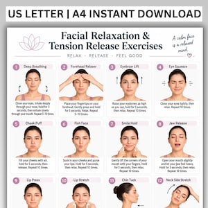 Pode incluir: Uma ficha de instruções digital intitulada Facial Relaxation & Tension Release Exercises apresentando dezasseis passos numerados com ilustrações de uma pessoa a realizar vários movimentos faciais e de pescoço, incluindo técnicas de respiração.