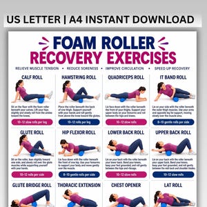 May include: A foam roller recovery exercise chart featuring text and illustrations of a person in a purple shirt and blue leggings performing various movements with a blue foam roller. The document includes instructions for sixteen different exercises.