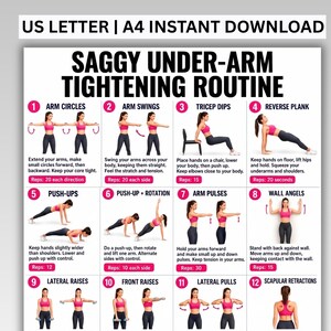 Può includere: Una tabella di esercizi intitolata Saggy Under-Arm Tightening Routine che presenta sedici illustrazioni numerate di una persona con reggiseno sportivo rosa e leggings neri che esegue vari movimenti delle braccia e della parte superiore del corpo.