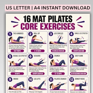 May include: A digital poster titled 16 Mat Pilates Core Exercises featuring sixteen numbered illustrations of a person in a purple top and dark leggings performing various movements on a purple mat with instructional text and repetition counts.