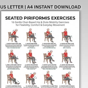 Może przedstawiać: Biały plakat instruktażowy zatytułowany SEATED PIRIFORMIS EXERCISES zawierający 16 numerowanych ilustracji osoby w czerwonej koszulce i szarych spodniach wykonującej ćwiczenia ruchowe na krześle wraz z opisami.