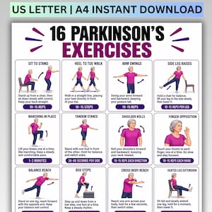 May include: A white informational poster titled 16 Parkinson's Exercises featuring illustrations of a person in a pink shirt performing various physical movements. Each exercise includes a title, descriptive instructions, and repetition counts.
