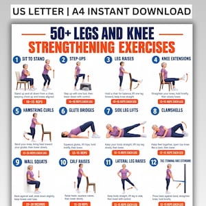May include: A digital poster titled 50+ LEGS AND KNEE STRENGTHENING EXERCISES featuring sixteen numbered illustrations of a person in a purple shirt and blue leggings performing various physical therapy movements with text instructions and rep counts.