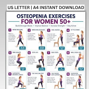 Może przedstawiać: Cyfrowa tabela zatytułowana Osteopenia Exercises for Women 50+ zawierająca szesnaście numerowanych ilustracji osoby w fioletowym podkoszulku i czarnych legginsach wykonującej różne ćwiczenia fizyczne wraz z instrukcjami i liczbą powtórzeń.
