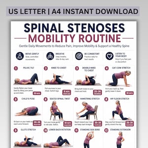 May include: A digital poster titled Spinal Stenoses Mobility Routine featuring sixteen numbered illustrations of a person in a purple shirt and blue leggings performing various stretches and exercises with instructional text for each movement.