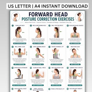 May include: A digital poster titled Forward Head Posture Correction Exercises featuring sixteen numbered instructional panels with illustrations of a person performing various stretches and movements, including text descriptions and repetition counts for each.