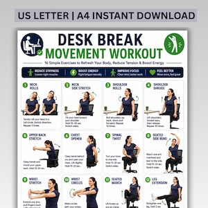May include: A digital poster titled DESK BREAK MOVEMENT WORKOUT featuring 16 numbered exercise illustrations. Each section shows a person in a dark blue shirt performing movements like neck rolls, shoulder shrugs, and stretches with instructional text.