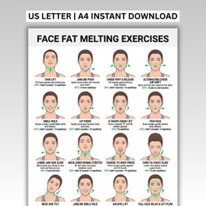 Może przedstawiać: Cyfrowa karta instruktażowa zatytułowana FACE FAT MELTING EXERCISES zawierająca szesnaście ilustracji osoby wykonującej ruchy twarzy. Każde ćwiczenie zawiera nazwę, opisowe instrukcje oraz liczbę powtórzeń zapisaną czarnym tekstem.