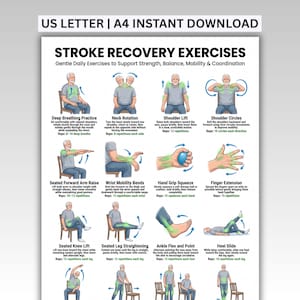 May include: A digital poster titled STROKE RECOVERY EXERCISES featuring illustrations of a person performing various physical therapy movements. The chart includes instructions for deep breathing, neck rotations, shoulder lifts, and limb exercises.