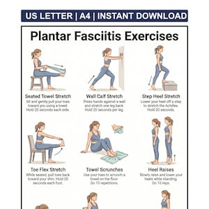 Puede incluir: Infografía imprimible con ilustraciones que demuestran ejercicios para la fascitis plantar. Los ejercicios incluyen estiramientos de toallas sentado, estiramientos de pantorrillas contra la pared, estiramientos de talones en escalón, etc. Instrucciones de texto.