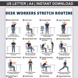 以下が含まれることがあります： DESK WORKERS STRETCH ROUTINEというタイトルのデジタルポスター。様々なストレッチを行う人物の16の番号付きイラストが描かれています。各動作のテキスト説明が含まれており、US LETTERおよびA4サイズに対応していることが記載されています。
