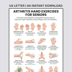 May include: A digital chart titled Arthritis Hand Exercises for Seniors, featuring 16 illustrated hand mobility and strengthening exercises. The document includes text instructions and repetition counts for movements like finger open and close, fist, and stretches.