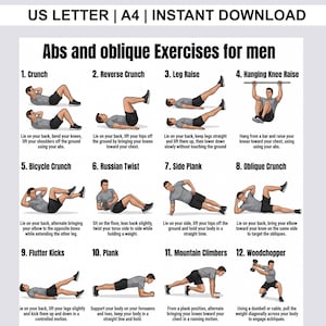 以下が含まれることがあります： Abs and oblique Exercises for menというタイトルのデジタル説明チャート。クランチ、レッグレイズ、プランク、マウンテンクライマーなど、様々な体幹トレーニングを行う人物の12の番号付きイラストとテキストが記載されています。