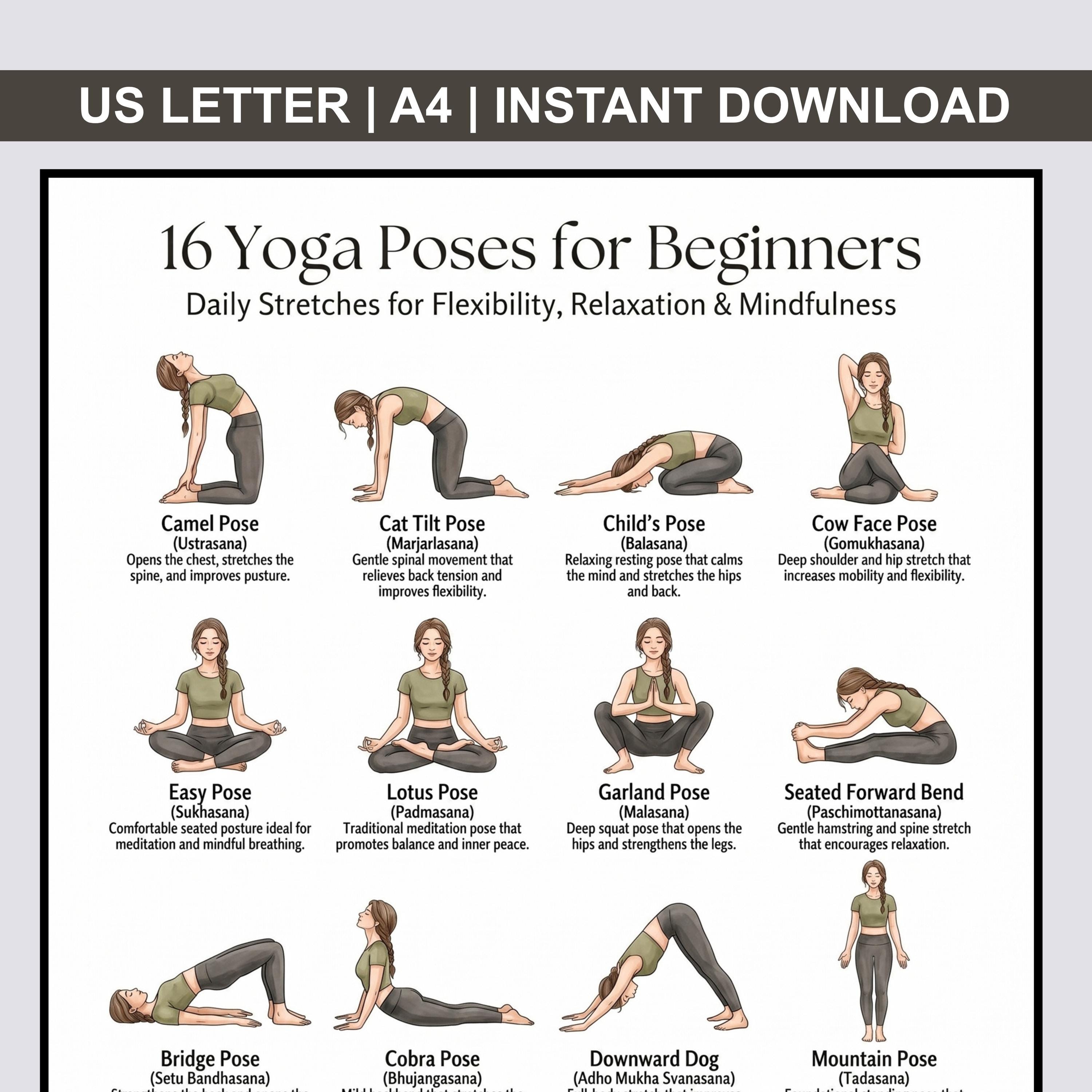 Printable Yoga Poses for Beginners Chart, 16 Asanas Yoga Routine PDF