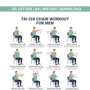 Könnte beinhalten: Grün-blaue Infografik mit dem Titel "Tai Chi Chair Workout For Men" mit Übungsillustrationen. Das obere Banner lautet "US LETTER | A4 | INSTANT DOWNLOAD". Jede Übung wird mit einer sitzenden Figur und beschreibendem Text dargestellt.