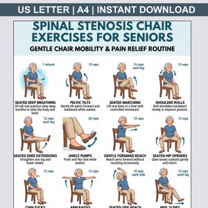 May include: A digital chart titled Spinal Stenosis Chair Exercises for Seniors featuring twelve illustrated steps for mobility and pain relief. Each panel shows a person in a blue shirt and tan pants performing seated movements with text instructions.