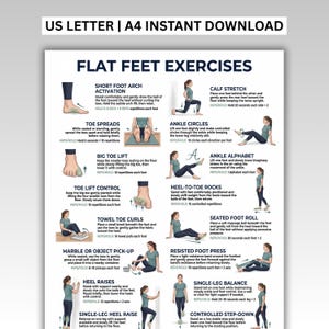 May include: A digital instructional poster titled FLAT FEET EXERCISES featuring illustrations of various physical therapy movements. The text includes US LETTER | A4 INSTANT DOWNLOAD and detailed step-by-step instructions for exercises like calf stretches, toe spreads, and ankle circles.