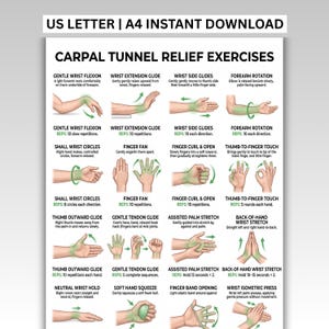 May include: A digital chart titled CARPAL TUNNEL RELIEF EXERCISES featuring illustrations of hands and arms performing various movements. The text includes instructions for gentle wrist flexion, extension, side glides, and other hand exercises.