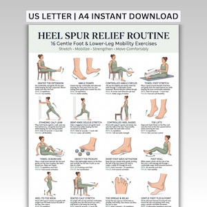 May include: A digital chart titled HEEL SPUR RELIEF ROUTINE featuring 16 illustrated exercises for foot and lower-leg mobility. The document includes text instructions for each movement, such as seated toe extensions and towel stretches, in US Letter format.