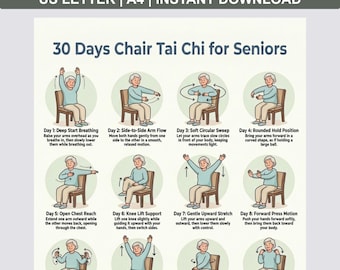 30 Day Chair Tai Chi for Seniors Printable PDF,   Mobility Exercise and Seated Balance Mobility Exercise Plan for Daily Home Routine