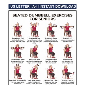 Könnte beinhalten: Eine druckbare Anleitung mit Illustrationen von sitzenden Hantelübungen für Senioren. Die Übungen umfassen Armcurls, Überkopfdrücken und seitliche Armlifts. Der Text oben lautet "Sitzende Hantelübungen für Senioren."