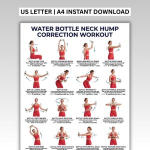May include: A white instructional poster titled WATER BOTTLE NECK HUMP CORRECTION WORKOUT featuring twelve illustrations of a person in red athletic wear performing exercises with water bottles, including chin tucks, raises, rows, and rotations.